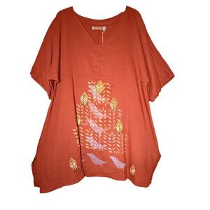 Blue Fish Iron Oxide Linen Square Tunic Bird Block Print Rust Orange NWT XL